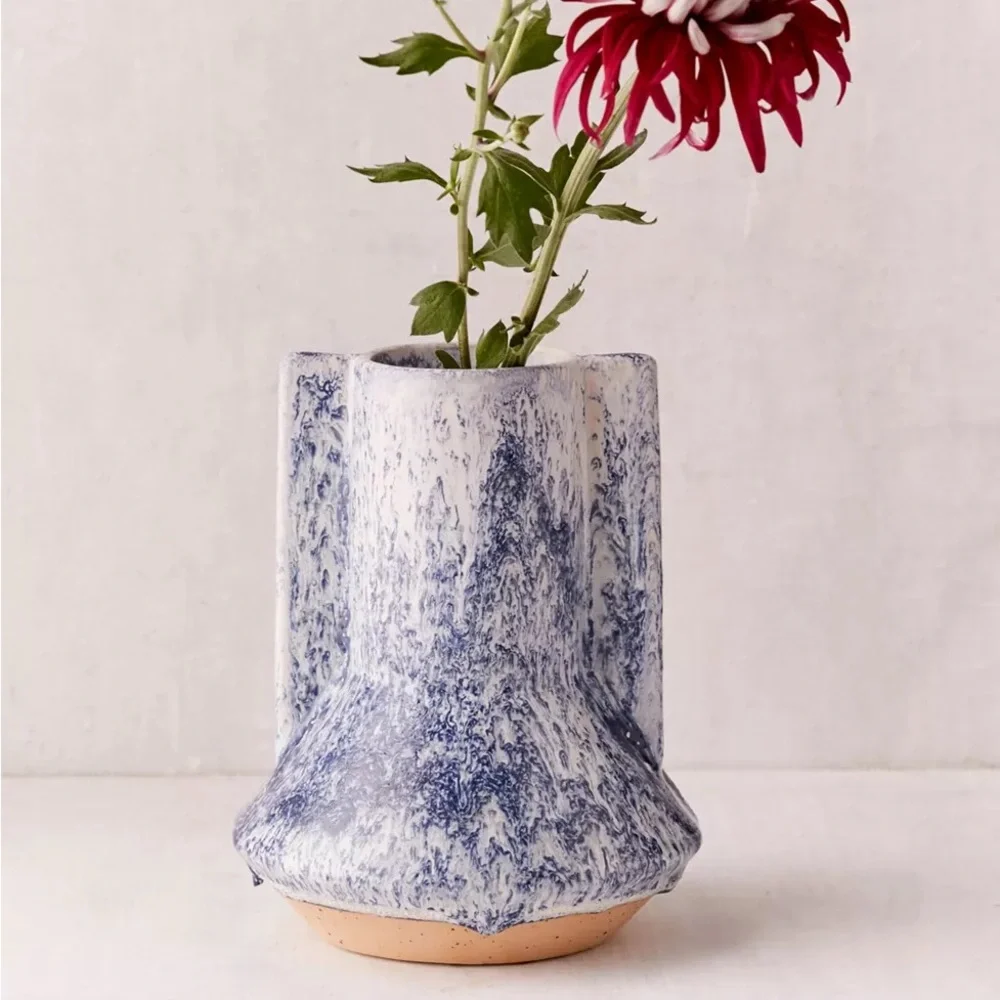 Urban Outfitters Carina Marble Winged Modern Vase Blue White
